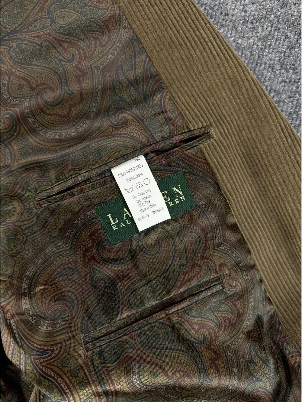 Ralph Lauren Men's‎ Brown Corduroy Blazer Jacket 48L 100% Cotton Business Causal